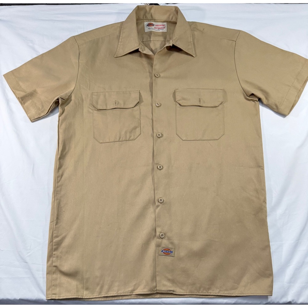 Dickies Mens Khaki Tan Short Sleeve Button Down Work Shirt Medium Utility Skater